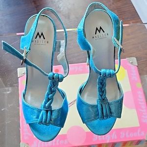 Madison baby blue strap platform sandals.